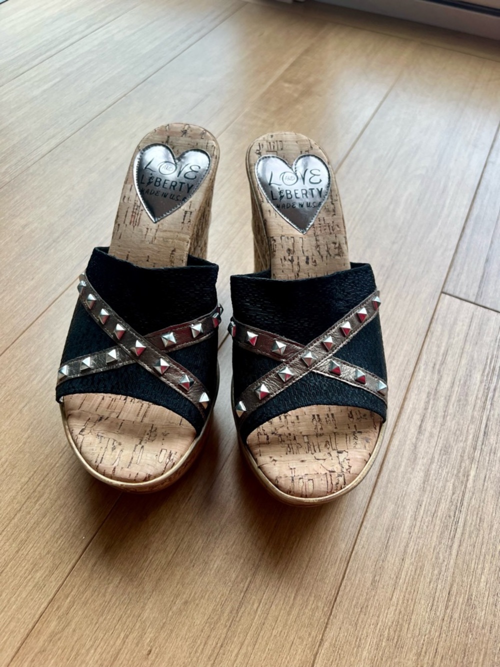 Love and Liberty Black and Pewter Studded Cork Wedge Sandals